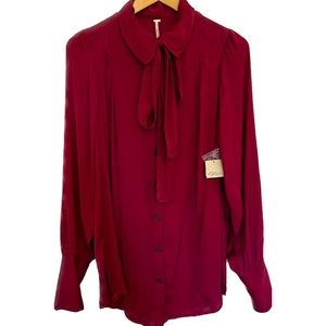 Free People NWT Lala Tie-Detail Button Up Red Blouse Women's size medium